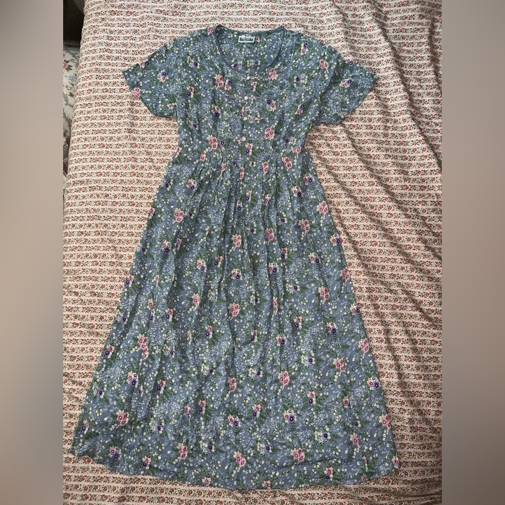 Nina Piccalino Vintage 90s Prairie Cottage Blue Floral Tie Back Maxi Dress L?